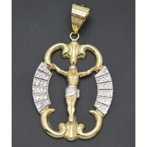 Real 10K Yellow White Gold Two-Tone Horns Charm Crucifix Jesus Pendant 6.4 grams